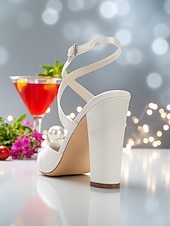 cheap Cocktail-Women&#039;s Blue Satin Block Heel Pumps with Pearl Detail and Ankle Strap - Elegant Pointed Toe Shoes for Formal Occasions and Cocktail Parties