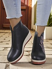 levne Kotníkové boty-Dámské hnědé kotníkové boty na klínku – vyšívané kozačky z umělé kůže na platformě pro běžné nošení a boho outfity