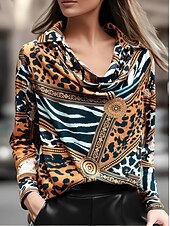 preiswerte Elegante Oberteile-Damen Hemd Leopard Geometrisch Elegant Täglich Langarm Wasserfallausschnitt Normale Oberteile Arbeit Täglich Abendgesellschaft Drapiert Braun Frühling Herbst Winter Frühling, Herbst, Winter, Sommer