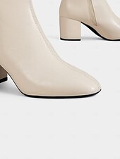 baratos Botas de tornozelo-Botas femininas brancas de couro sintético – botinhas estilosas com salto grosso e zíper lateral para looks casuais, de trabalho e do dia a dia