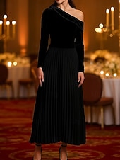 preiswerte Cocktailkleider-A-Linie Cocktailkleider Elegant Formelle Kleidung Formell Hochzeit Tee-Länge Langarm Ein-Schulter Samt mit Falten 2025