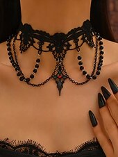 tanie Akcesoria Halloween-Zestaw damski naszyjnik i kolczyki w stylu gotyckim z koronką na Halloween – czarna koralikowa biżuteria wampirza na imprezę kostiumową i cosplay