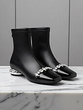 お買い得  足首ブーツ-クリスタル装飾のローヒールとラインストーンストラップが付いたレディースブラックアンクルブーツ、エレガントで都会的な高級パーティーシューズ