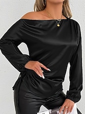 baratos Blusas Elegantes-Mulheres Camisa Social Elegant Elegante Top de cetim Assimétrico Tecido à moda Casual Manga Longa ombro frio Tops regulares Diário Para Noite Preto Verde Primavera Outono