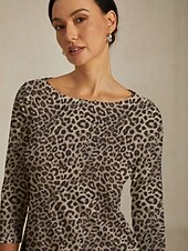 levne Halenky a košile-Dámský top s leopardím potiskem – elegantní halenka s kulatým výstřihem a tříčtvrtečními rukávy, elastická slim fit košile pro volný čas do práce, na denní nošení i na večer