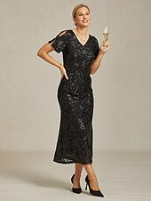  Per donna Abito maxi Tubino Abito a sirena Elegante Festa cocktail Spalle scoperte Festa serale Cocktail party Paillettes Floreale Manica Corta Scollo a V Nero