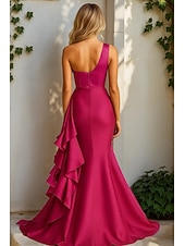 tanie Suknie wieczorowe syrenki-Syrena Suknia wieczorowa Elegancja Suknia formalna Formalny Ślub Tren sweep Bez rękawów Na jedno ramię Satyna z Z marszczeniami Falbany 2025