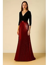 abordables Robes de soirée fourreau-Ligne A Robe de Soirée Élégant Robe de soirée Formel Mariage Longueur au sol Manche 3/4 Col en V Crêpe Extensible avec Plis 2025