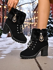  Botas femininas de couro sintético marrom com punho de pele e salto grosso – botas quentes de inverno com cadarço e detalhes de strass para mulheres, perfeitas para uso ao ar livre, casual e de férias