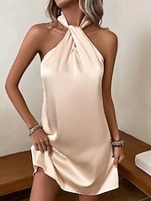 baratos Vestido Simples-Mulheres Minivestido vestido de cetim Vestido de festa Vestido decote halter Elegante Moderno Festa de Noite Festa Coquetel Normal Tecido Sem Manga Halter pescoço Azul Champanhe Verde Primavera Outono