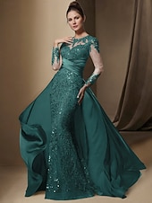 halpa Lattian pituus-Trumpetti / merenneito Hipaisulaahus Muodollinen mekko Iltapuku Overhameen mekko Pitkähihainen Pyöreä Tyylikäs Häävieras Joustava satiini Morsiammen äidin asu kanssa Pitsi Paljeteilla Röyhelöt