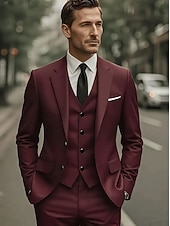 voordelige Bruiloftspakken-Heren Bruiloft Trouwpakken Ingesneden revers Zwart Bordeaux Jurken Effen Standaard pasvorm 3-delige set Enkele rij knopen met twee knopen