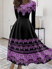olcso Boho ruha-Női Maxiruha A vonalú ruha Fit and Flare ruha Szabadság Alkalmi Boho Parti Napi Alkalmi Normál Grafika Törzsi Hosszú ujj Terített nyak Sárga Medence Bíbor Lóhere Nyár Tavasz Ősz Tél
