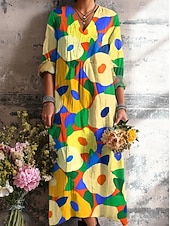 preiswerte Lässige Blumenkleider-Ostern Damen Midikleid Sommerkleid A Linie Kleid Urlaub Lässig Boho Ausgehen Strand Lässiger Schnitt Blumen Grafik Geometrisch Langarm V Ausschnitt Gelb Rosa Orange Grün Sommer Frühling Herbst Winter