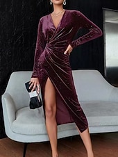 preiswerte abendkleider-Damen Midikleid Samtkleid Abschlussballkleid Partykleid Cocktailkleid Elegant Modern Party Besonderer Anlass Abendgesellschaft Normale Passform Einfach Langarm V Ausschnitt Schwarz Wein Pudriges Rosa