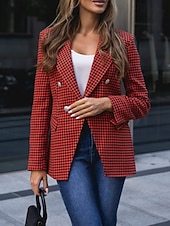 billiga Blazers och kostymer-Dam Kavaj Bekväm Ficka Elegant Mode Utomhus Galler Utekväll Ledigt / vardag Helgen Dubbelknäppt Normal Kavajslag Normal Långärmad Ytterkläder Rubinrött Blå Mörkblå Vår Höst