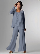 baratos Terninhos de calça da mamãe-Conjunto de calças 3 peças Mãe da noiva Convidada de casamento Formal Elegante Plus Size Envoltório Comprimento do chão Chiffon Sem mangas com Renda