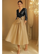 ieftine Rochii Cocktail-Linia -A Rochii de cocktail Elegant Rochie formală Oficial Nuntă Lungimea ceaiului Lungime Manșon 3/4 În V Satin întins cu Arc 2025