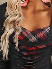 Χαμηλού Κόστους Λουλουδάτες μπλούζες-Γυναικεία Πουκάμισο Μπλούζα Στάμπα Καρό Στυλάτο Βασικό Καθημερινό Μακρυμάνικο Λαιμόκοψη V Κανονικά μπλουζάκια Καθημερινά Αργίες Μαύρο Άνοιξη Φθινόπωρο