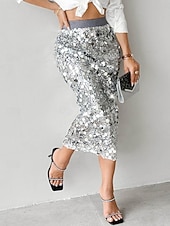 economico Gonne da Festa-Per donna Gonna Aderente Elegante Moda Midi Vita Alta Gonne Semplice Paillettes Elasticizzato Feste Streetwear Argento Nero Oro Primavera Poliestere