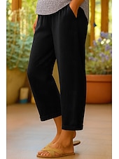 cheap Plain Cotton Linen Pant-Women&#039;s Cotton Pants Vacation Vintage Ethnic Style Ankle-Length High Waist Plain Comfy Breathability Soft Micro-elastic Army Green Dark red Black White Summer Spring Loose Fit