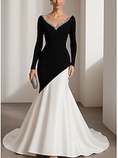 abordables Robes de Soirée Sirène-Robe de soirée sirène/trompette noire et blanche, élégante robe de soirée formelle, longueur au sol, manches longues, col en V, crêpe extensible avec plis, cristaux et perles, 2025