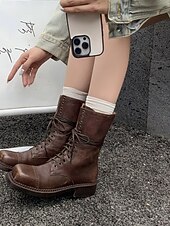 abordables Bottes de combat-Bottines à lacets en cuir classiques Maillard de style britannique pour femmes - Bottines de combat rétro vintage pour une tenue décontractée d&#039;automne et d&#039;hiver