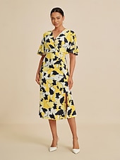 economico Abiti da donna-Femminile Abito Elegante Abito Midi Giallo Manica Corta Astratto Estate Primavera Autunno Scollo a V Elegante Abito elegante S M L