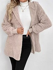 お買い得  フリースライニングジャケット-女性用 シェルパジャケット 快適 高通気性 ポケット オープンフロント カジュアル 平織り バケーション ストリート カジュアル デイリーウェア オープンフロント レギュラー フード付き レギュラー 長袖 アウターウェア カーキ色 春 秋