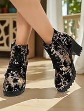 baratos Botas de tornozelo-Botas de cano curto pretas femininas – botas de combate de salto alto e grosso com bordado dourado e detalhe de fivela para festas, saídas à noite e moda streetwear