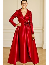 cheap Tuxedo Dresses-Tuxedo Dress A-Line Formal Wedding Wedding Guest Satin Elegant Vintage 3/4 Sleeve Pleated Ankle Length Notched Lapels Single Breasted