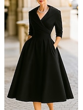 レッドブラックAライン母親の花嫁ドレスエレガントビンテージシャツカラーティーリングサテン3/4レングススリーブルーシュ単色付き お買い得  ティーの長さ-レッドブラックAライン母親の花嫁ドレスエレガントビンテージシャツカラーティーリングサテン3/4レングススリーブルーシュ単色付き