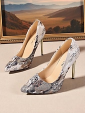 olcso Stiletto sarkú cipők-női kék virágmintás jacquard tűsarkú cipő - elegáns hegyes orrú, fémes arany sarokkal mindennapi viseletre, koktélpartikra és esti rendezvényekre