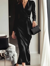 preiswerte abendkleider-Damen Midikleid Partykleid Cocktailkleid Satinkleid Elegant Modern Party Abendgesellschaft Normale Passform Einfach Langarm V Ausschnitt Schwarz Wein Herbst Winter