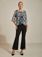 billige skjorter, topper og bluser-Dame Paisly Avslappet Blå Paisley 3/4 Erme Elegant Fritid hverdag Crew-hals Rund Sommer Vår Høst