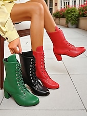 baratos Botas de tornozelo-Botas femininas de couro sintético com cadarço e salto grosso, estilo vintage, perfeitas para looks casuais e retrô.