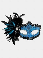 billige Motetilbehør-Damemaske med fjær og paljetter i burgunder med strass, gotisk venetiansk stil, kostymetilbehør til halloween-fester og maskeradeball