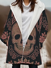 baratos Roupa de Halloween-Mulheres Casaco de inverno Jaqueta de Inverno A Prova de Vento Manter Quente Zíper Bolsos Forrada com Fleece Abertura Frontal Casual Caveiras Ao ar livre Férias Casa Casual Longo Com Capuz Normal