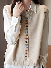 cheap Sweater Vest-Women&#039;s Sweater Sweater Vest Streetwear Casual Solid Color Crew Neck Buttons Knitted Sleeveless Regular Tops Knit Daily Holiday Going out Black Red Fall Winter