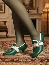 cheap 1920s-Women&#039;s Green 1920s Vintage Low Heel Pumps with Rhinestone Buckle – Retro Edwardian Style Dress Shoes for Gatsby Parties, Cosplay, and Formal Occasions