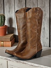 levne Cowboy &amp; Western Boots-Dámské hnědé kovbojské boty po kolena – klasické westernové jezdecké boty s nízkým podpatkem pro country styl a festivaly