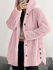 billiga Fleece-fodrade jackor-Dam Sherpajacka Bekväm Andningsfunktion Ficka Knappar Ledigt Slät Semester Gata Ledigt Dagliga kläder Enkelknäppt Lång Huva Lös passning Långärmad Ytterkläder Svart Rodnande Rosa Rubinrött Vår Höst
