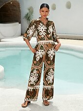 preiswerte Blusen-Damen Weiblich Blumenmuster Lässig Armeegrün Bestickt 3/4 Ärmel Elegant Bohemien Urlaub Hemdkragen Sommer Frühling