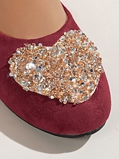 cheap Women&#039;s Christmas Shoes-Women&#039;s Burgundy Faux Suede Flats with Sparkly Heart Rhinestone Design – Chic Dress Shoes for Ladies, Great for Christmas Parties and Daily Outfits