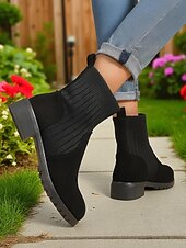 abordables Botines-Botines de ante sintético marrón claro para mujer con caña de punto acanalado: acogedores botines estilo Chelsea para otoño e invierno, ideales para looks informales.
