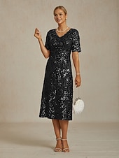  בגדי ריקוד נשים שמלת מידי שמלת שיפט אלגנטית מסיבה מפלגה חתונה פאייטים רקום נצנוץ רגיל פרחוני שרוולים קצרים צווארון V שחור