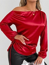  Mulheres Camisa Social Elegant Elegante Top de cetim Assimétrico Côr Sólida Tecido à moda Casual Manga Longa ombro frio Tops regulares Diário Para Noite Vermelho Verão Primavera Outono