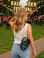 levne Tašky-Dámská halloweenská crossbody kabelka s motivem lebky a řetízkem, 3D kostra přes rameno, gotická párty psací kabelka na kostýmy, cosplay a noční život.
