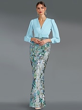 Недорогие Платья в обтяжку для вечера-Вышитое цветочное платье-обтягивающее  колонна вечернее платье элегантное формальное свадебное полное длина длинный рукав V-образный вырез стрейч-сатин со сплитом и аппликациями