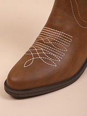 levne Cowboy &amp; Western Boots-Dámské hnědé kovbojské westernové boty z umělé kůže s vyšívaným prošíváním, nízké podpatky do půli lýtek na rodeo, festivaly i každodenní nošení